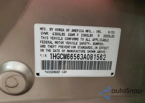 2003 Honda Accord Ex from USA, damaged, VIN 1HGCM66563A081562